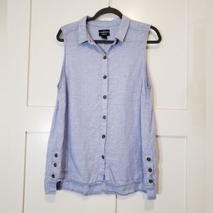 Jones & Co Linen 100% Sleeveless Button Down Shirt Hi Lo Light Blue Size…